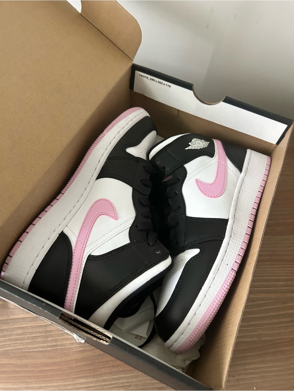 Jordan 1 Mid Top Sneakers, Black, White & Pink